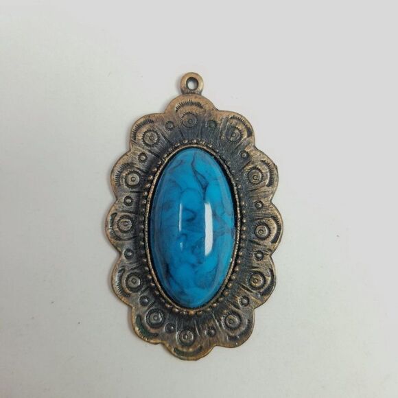 Vintage Big Blue Cabochon Pendant, Oval Shape, Retro Statement, Estate - Picture 2 of 6